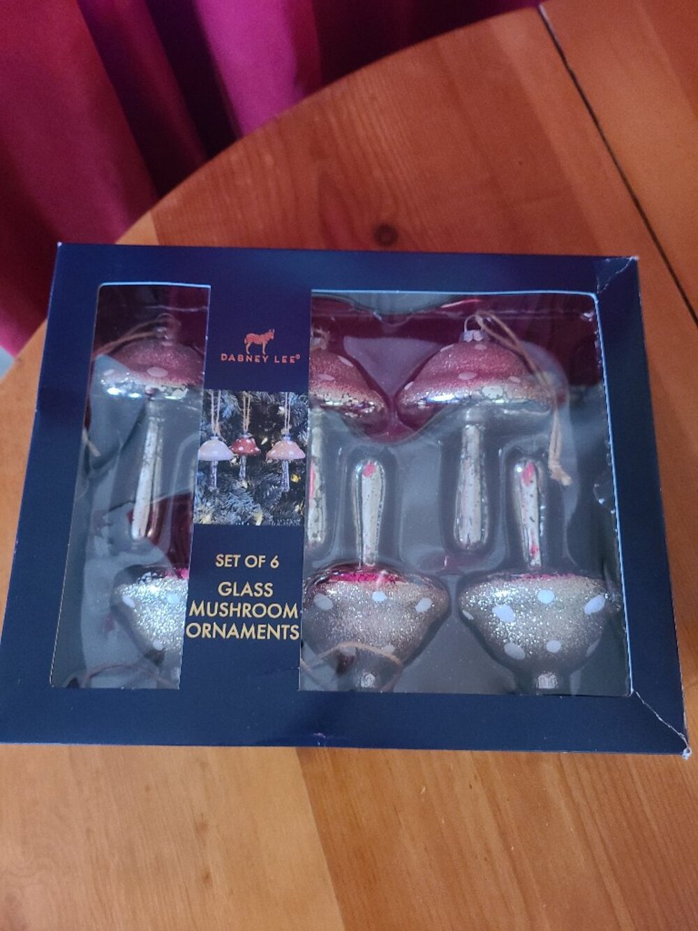 Dabney Lee Pink & Silver Set of 6 Glass Mushroom Christmas Ornaments NIB